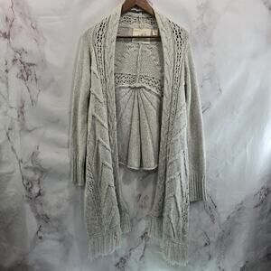 Angel North Sweater Womens Medium Gray Beige Wool Cardigan Open Fringe Anais